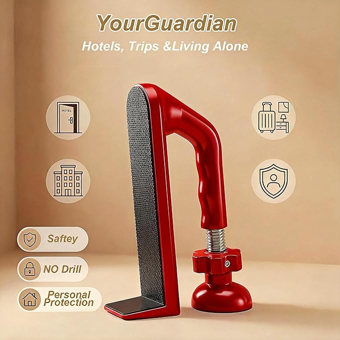 Portable Hotel Door Lock Stopper Travel Security Brace Safety, No Drill Stop Bar Fits Inward Swinging Doors Safety Self Defense Personal Protection for Apartment, Red, 1 Pack