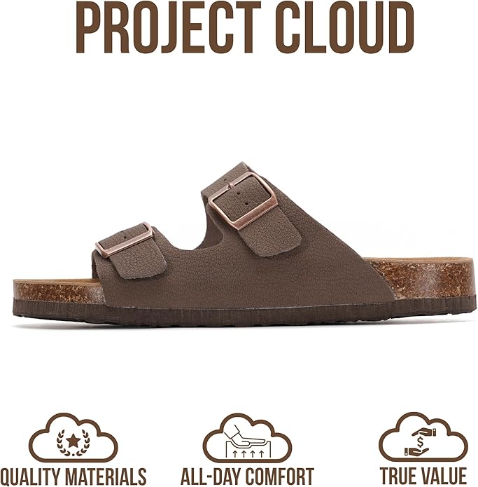 Project Cloud 100% Genuine Leather Flat Sandals For Women 2026 Cork Footbed Womens Sandals with Memory Foam and arch support Vacation Essentials Slides for Women Footwear (Venita)