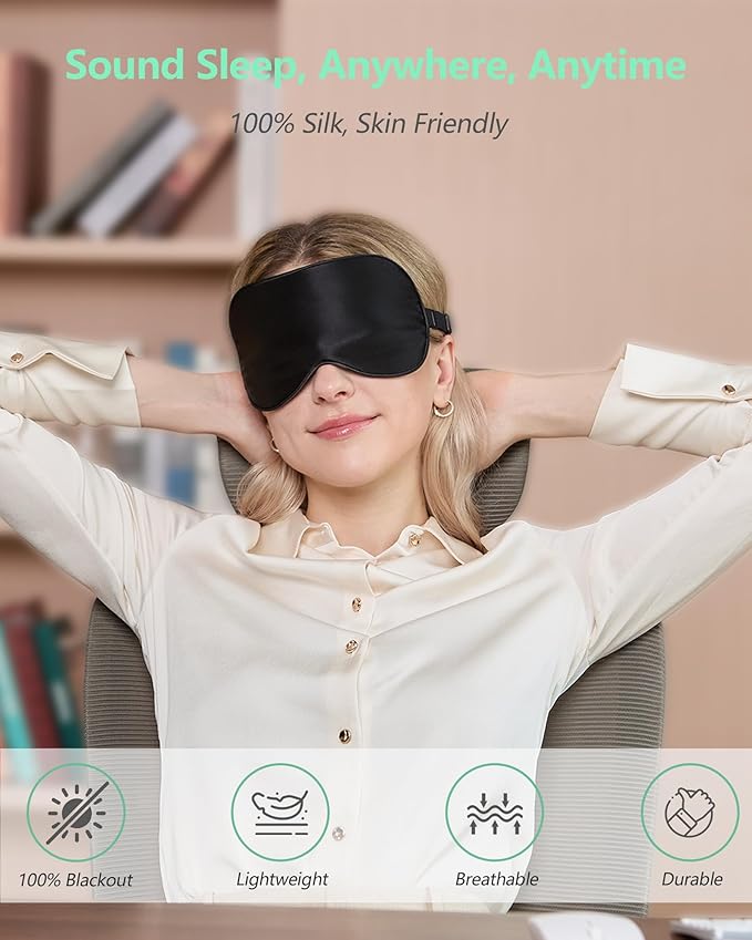 BeeVines Sleep Mask, 4 Packs 100% Real Natural Pure Silk Eye Masks with Adjustable Strap for Sleeping, Mulberry Silk Eye Sleep Shade Cover, Block Light Reduces Puffy Eyes Traveling Gifts(Black)