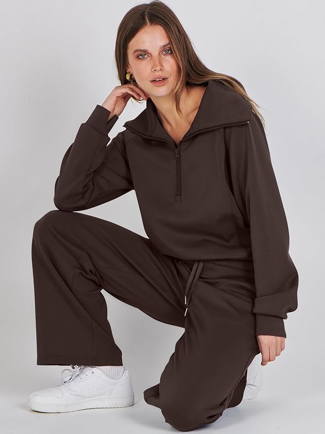 ANRABESS Women 2 Piece Outfits 2025 Fall Fashion Airport Wide Leg Pants Lounge Set Leisure Travel Vacation Clothes Sweatsuits