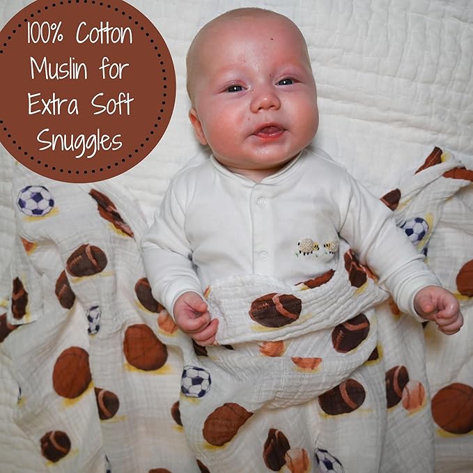 LollyBanks Muslin Swaddle Blanket, 100% Muslin Cotton Soft Baby Blankets for Boys, 47 X 47 Inches Soft and Cozy Baby Wrap Swaddle Breathable Infant Blankets, Newborn Essentials (Sports Print)