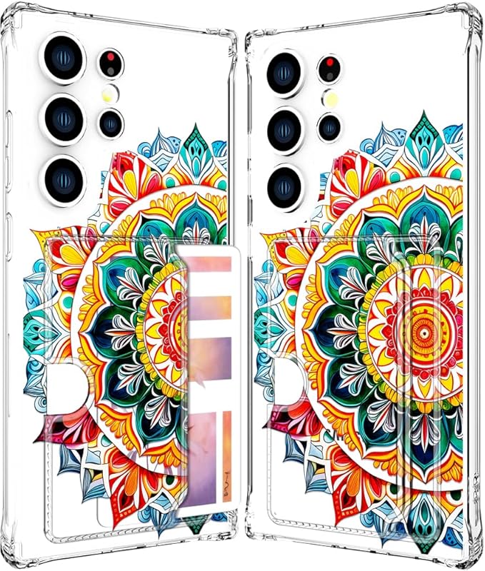 Compatible with Samsung Galaxy S24 Ultra Case Card Holder for Women Cute Design,Wallet Phone Cases Transparent Cool Kawaii Protective (Clear Mandala Henna Flower)