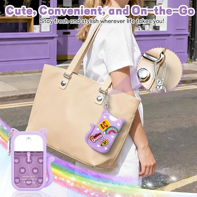Cute Cat Silicone Case Compatible with Touchland Hand Sanitizer Spray,Portable Power Mist 1 FL OZ/30ML Sanitizer Holder for Touchland with Keychain & 4 Charms Touchland Keychain Holder(1 PCS Purple)
