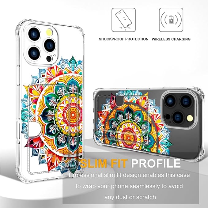 Compatible with iPhone 16 Pro Case Card Holder for Women Cute Design,Wallet Phone Cases Transparent Cool Kawaii Protective (Clear Mandala Henna Flower)