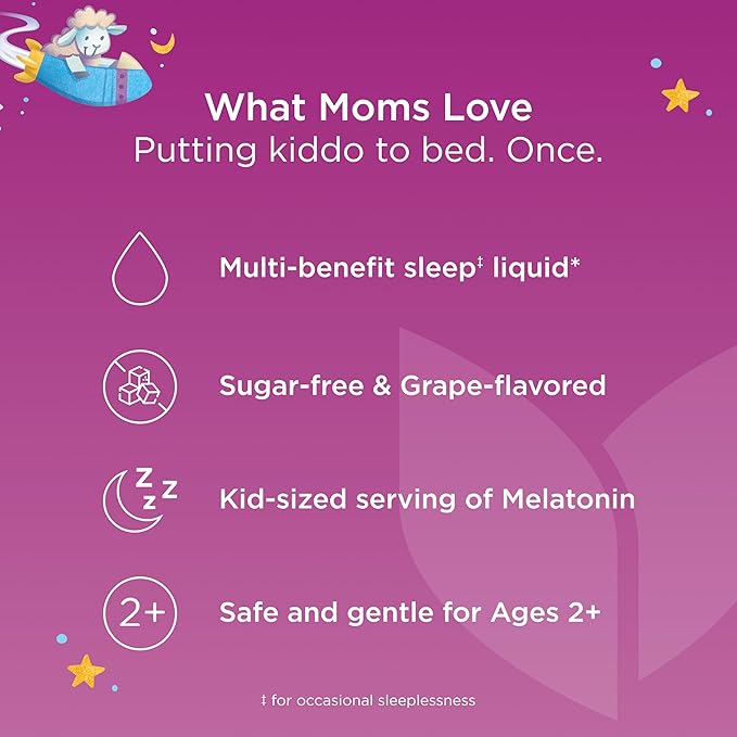 Hyland's Kids Sleep Calm & Immunity with Melatonin, Sugar-Free Sleep Aid Liquid with Magnesium, Vitamin D, Zinc & Elderberry, Promotes Sleep & Supports Immune Health, Ages 2+, Grape Flavor, 4 Fl. Oz.