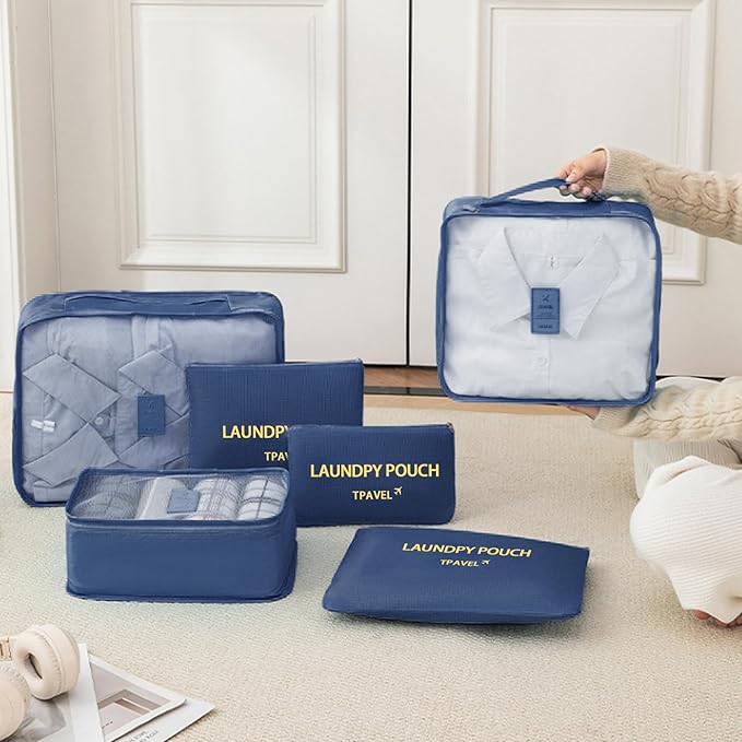 12 Set Packing Cubes for Travel Luggage Packing Bags Reusable Waterproof Suitcase Organizer Bags Set with Shoe Bag and Toiletry Bag (Sky Blue+Navy Blue)