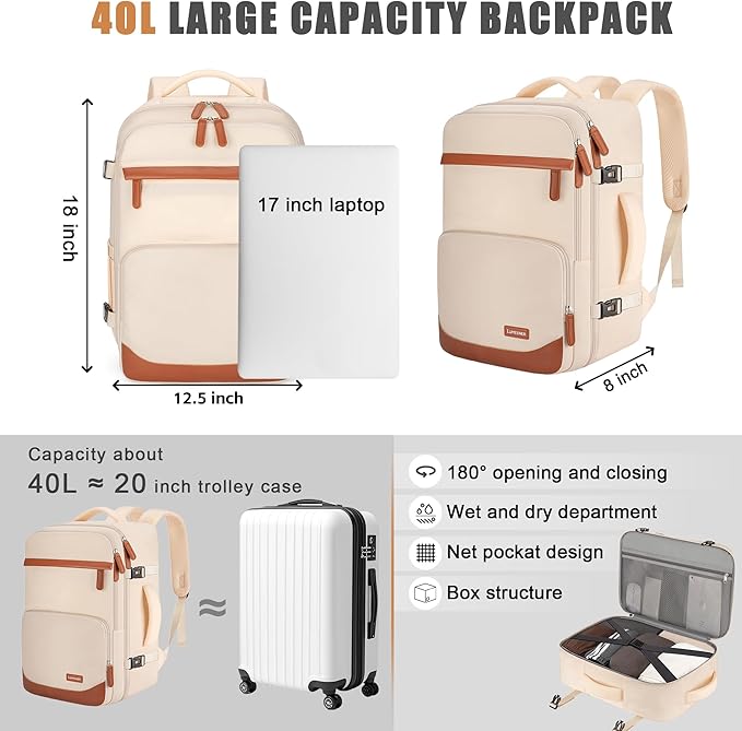 40L Travel Backpack, Water-Resistant Carry On Backpack for Men Women, Business Laptop Backpack for Trips & Commutes, Fits 15.6/17.3 Inch Laptop