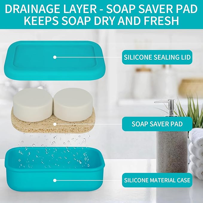 Leak Proof Travel Soap Case,Large Silicone Travel Soap Holder,Portable Soap Box with Drainage Layer,Bathroom Shatter Proof,Suitable for Travel, Bathroom, Camping, Gym(Green)