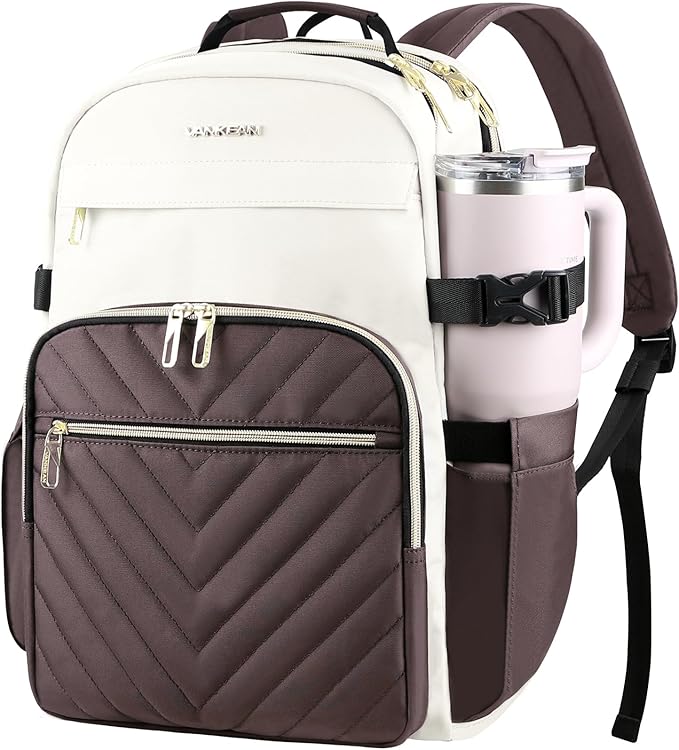 VANKEAN Laptop Backpack for Women with Giant Tumbler Holder Pocket,17.3 inch School College Book Bag Nurse Teacher Backpack,Waterproof Work Travel Backpack Purse Laptop Computer Bag, Beige-Coffee