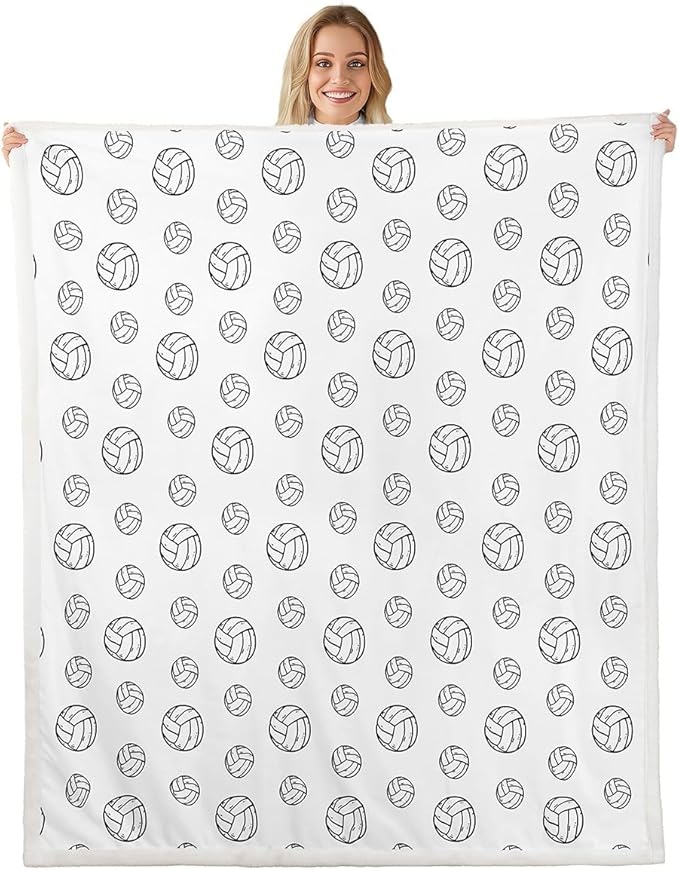 Volleyball Kids Throw Blanket,Ball Sports Games Competition Bed Blanket for Girls Boys Adults,Simple Fashion Cartoon Fleece Blanket,Black White Chic Fuzzy Blanket,Twin Size (60 x 80 Inches)
