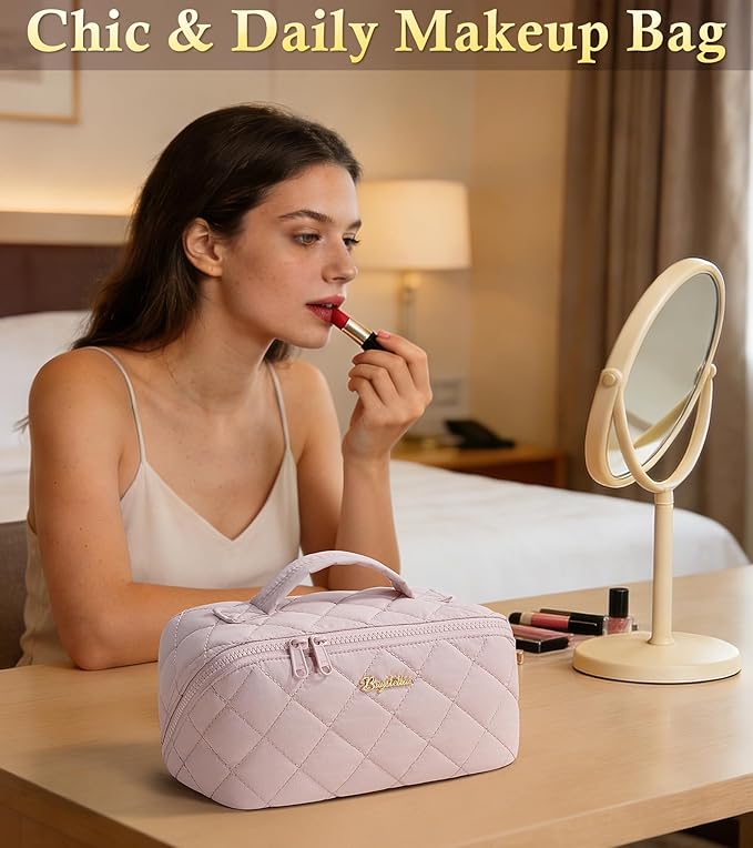 Travel Makeup Bag, 3 Pcs Large Capacity Puffy Toiletry Bag for Women, Open Flat Make up Cosmetic Organizer w/Handle & Clear Divider Water-resistant Portable Pouch Travel Essentials, M-Beige Plaid