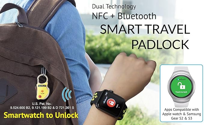 eGeeTouch Smart Travel Padlock with Patented Dual Access Technologies (NFC + BT), Vicinity Tracking, etc. (BLACK)