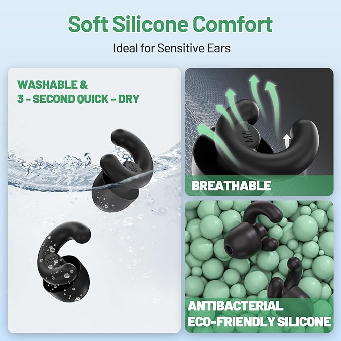 Ultra-Soft Noise Cancelling Ear Plugs, Reusable Silicone for Sleep Concerts Travel Office,33dB (NRR),Ergonomic Integrated Design Fit for Small Ear Canals Noise Sensitivity (Black, 1 Pair)