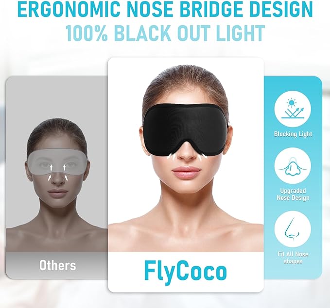 FlyCoco Blackout Eye Mask for Sleeping, 3D Contoured Cup No Pressure Sleep Mask with Adjustable Strap, Ultra-Thin Sides Breathable Lightweight Soft Eye Cover for Men Women Home Travel Airplane Party