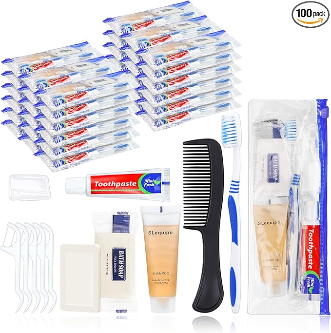 Pack of 100 Hygiene Kit, Hygiene Kit Bulk, Individually Packed, Travel Hygiene Kit with Toothbrush, Toothpaste, Comb, Shampoo, Soap and Floss Picks, Home, Suitable for Hotel, Camping, Travel