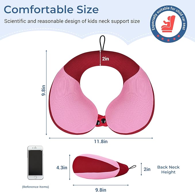 COOLBEBE Kids Travel Neck Pillow, Softly Double Support Travel Pillow for Car & Airplane, Traveling Gifts for Toddler & Children, Breathable Fabric, Raspberry Powder