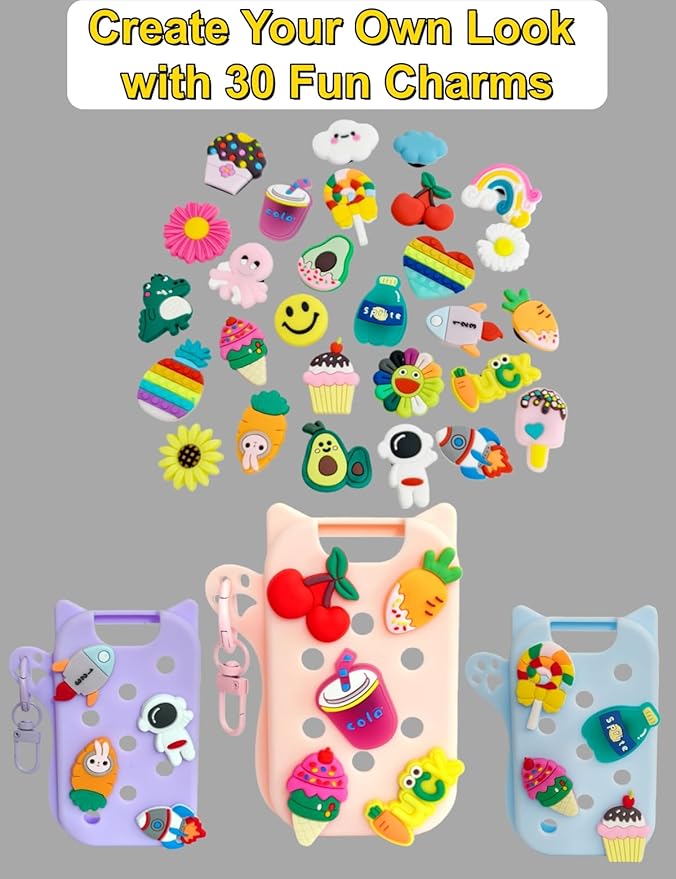 Hand Sanitizer Case with 30 Charms for Touchland, Compatible with Power Mist 1 FL Oz/30ML, Croc-Style Touchland Holder (Blue Case Food Charms)