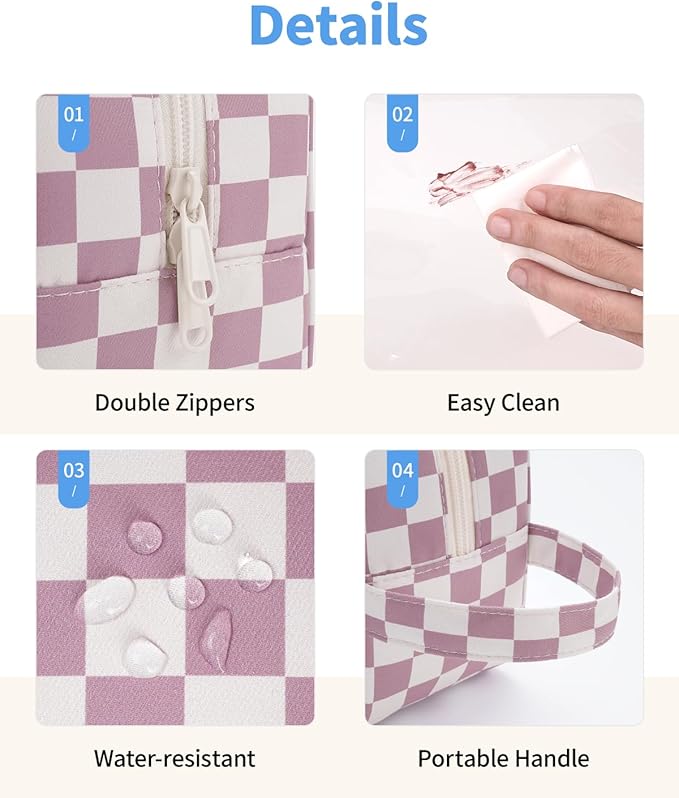 Narwey Clear Toiletry Bags for Traveling Women Men, Clear Travel Bags for Toiletries Makeup Bag Cosmetic Bag with Zipper, Make Up Organizer, Skincare Bag (Dusty Pink Checkerboard)