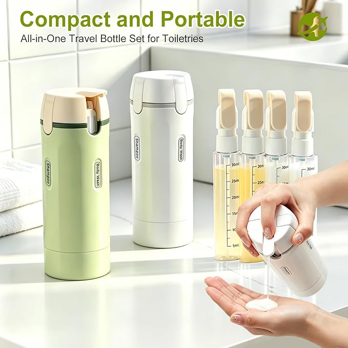 4 in 1 Travel Dispenser Bottle Leakproof Refillable Travel Bottles for Toiletries Portable Size Containers for Shampoo Lotion Cosmetics Travel Essentials for Women Men (Green)