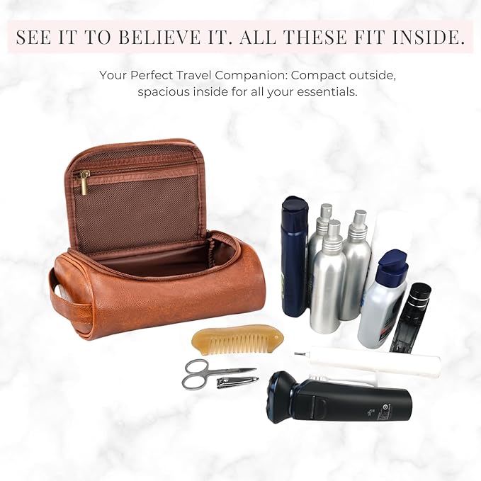 Mens Toiletry Bag, Compact Dopp Kit for Men Travel, PU Leather Shaving Kit, Water-Resistant Minimalist Organizer with Wrist Strap, Travel Toiletry Bag, Gift for Men,Small 9X5.9X3 Inch Brown