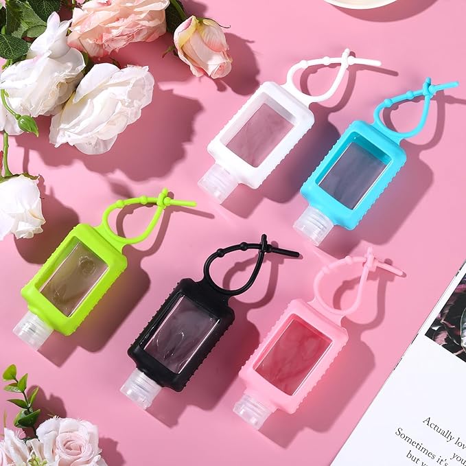 5 Pack Travel Size Hand Sanitizer Holder with Silicone Sleeve, 2 oz Refillable Plastic Empty Bottles Leakproof Flip Cap Squeeze Containers Portable Keychain Bottle for Backpack Travel Outdoor