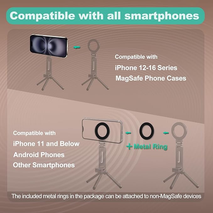 Aluminum Magnetic Tripod for iPhone 17/16/15/14 Pro Max Air, 360° Adjustable for MagSafe Tripod Mount Stand, Content Creator Phone Holder Airplane Travel Essentials Accessories