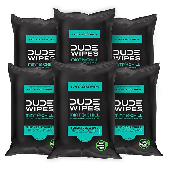 DUDE Wipes Mint Chill Travel Wipes - 6 Packs of 18 (108 Count) - Extra-Large Adult Flushable Wipes - Infused with Tea Tree Oil, Vitamin E, and Aloe - Septic and Sewer Safe