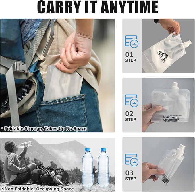 Ancable 1L Hiking Collapsible Water Bottles, 6-Pack 33OZ BPA-Free Foldable Backpacking Water Bottle for Travel Camping Hiking