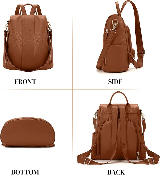 Leather Backpack Purses, Anti-theft Genuine Leather Backpack Bags for Women, Large Capcacity Fashion Convertible Shouler Bags for School Travel Daily