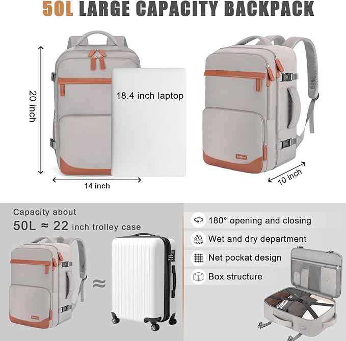 50L Travel Backpack, Water-Resistant Carry On Backpack for Men Women, Business Laptop Backpack for Trips & Commutes, Fits 18 Inch Laptop