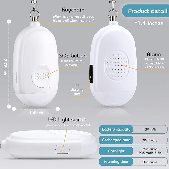 Frienda 4 Pieces Personal Security Alarm Keychain 130 dB Safety Alarm Self Siren Song Keychain with USB Rechargeable LED Flashlight for Women Kids Children Elders Men