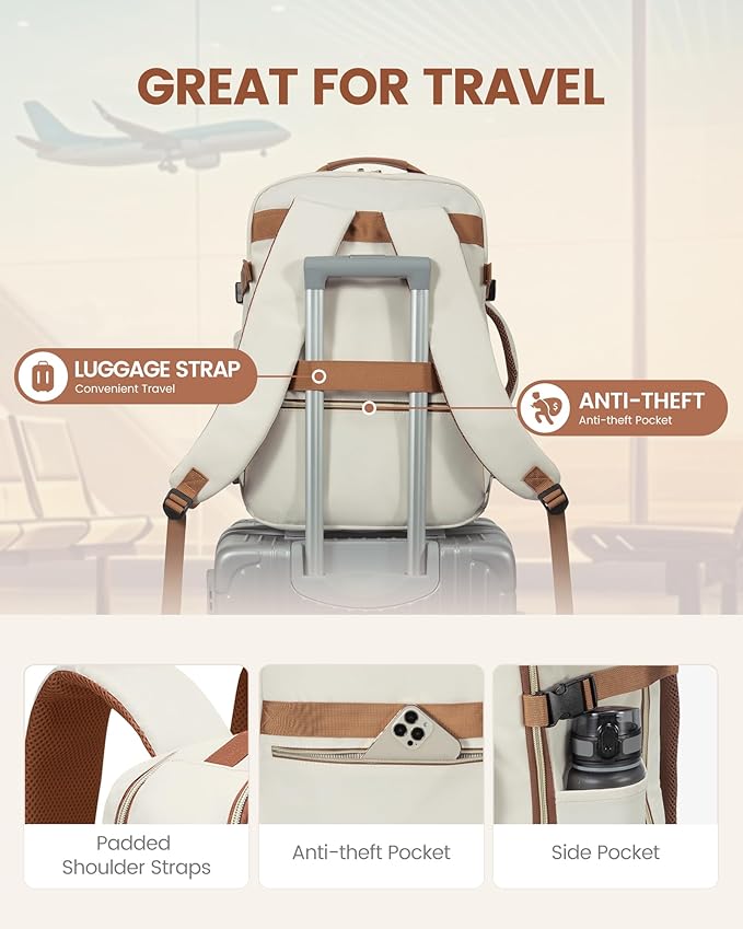 LOVEVOOK Travel Backpack for Women & Men 40L,Airline Approved Carry On Backpack Travel Essentials,TSA Carry on Luggage,Waterproof Personal Item Travel Bag,Suitcase with 3 Packing Cubes,Beige-Brown