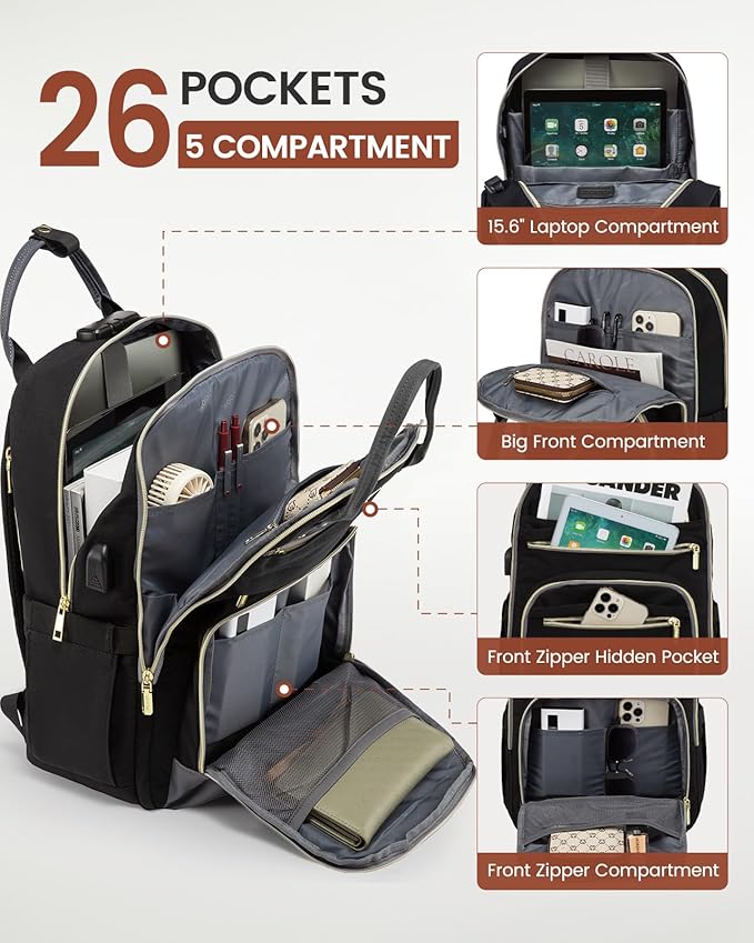 LOVEVOOK Laptop Backpack for Women, Unisex Travel Anti-theft Bag, Business Work Computer Backpacks Purse for Men, Casual Hiking Daypack with Lock, 15.6 Inch, Black-Grey
