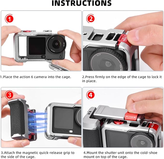Action 6 Grip Kit (with Metal Cage), Aluminum Alloy Camera Handle Bundle Expansion Mount with Shutter Button, Quick Release, Cold Shoe, 1/4" Threaded Hole for DJI Osmo Action 6 Accessories
