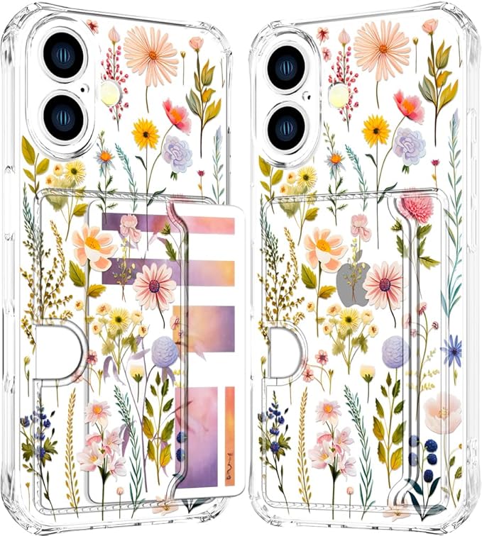 Compatible with iPhone 17 Case Card Holder for Women Cute Design,Wallet Phone Cases Transparent Cool Kawaii Protective (Clear Watercolor Floral)