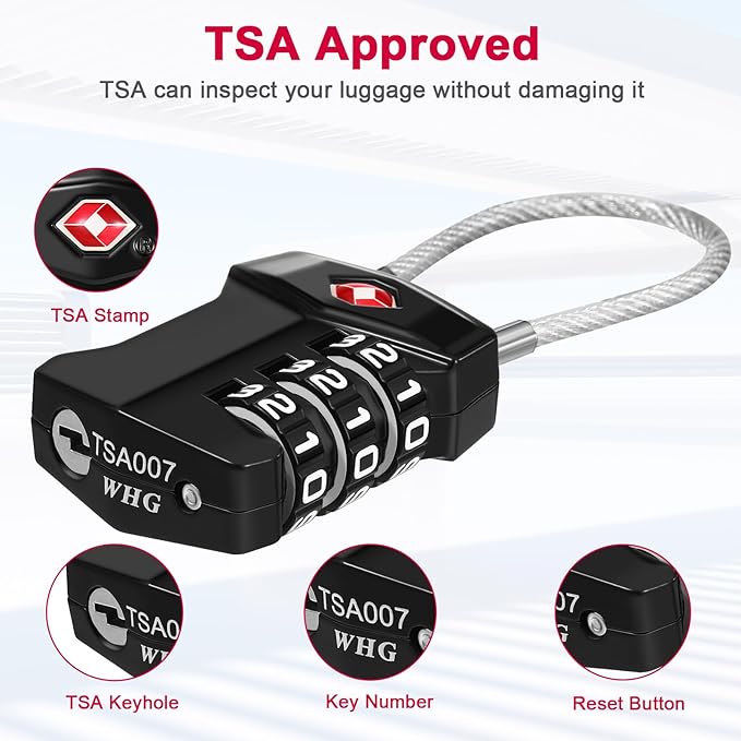 ZHEGE TSA Approved Locks for Luggage, 3 Digit Resettable Keyless Cable Locks with Zinc Alloy Body, Easy to Read White Numbers, for Suitcase, Backpack, Bag, Toolbox, Gym Locker (Black, 2 Pack)