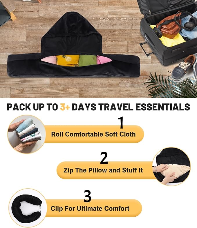 Stuffable Travel Neck Pillow with Hood, Soft Velvet Pillow Stuffable with Clothes, Adjustable Neck Size, Multifunctional Fillable Airplane Travel Neck Pillow for Extra Luggage