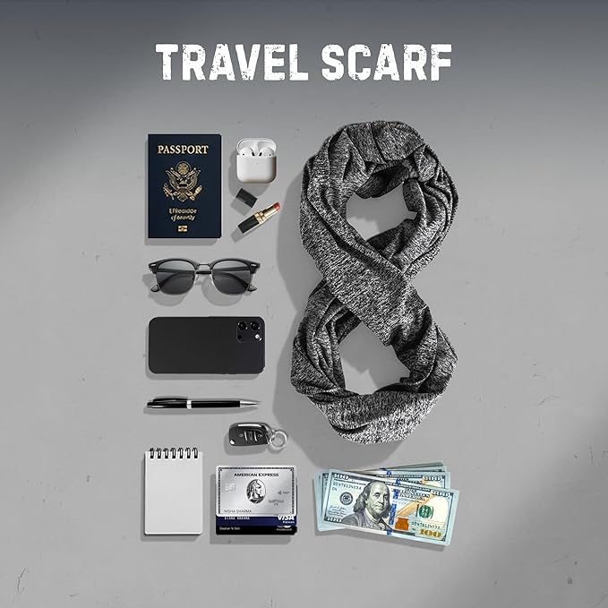 Zero Grid Infinity Travel Scarf Loop with Hidden Zipper Pockets for Passport, Phone, Cash, Cards