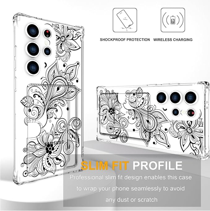 Compatible with Samsung Galaxy S24 Ultra Case Card Holder for Women Cute Design,Wallet Phone Cases Transparent Cool Kawaii Protective (Clear Black Henna Flower)