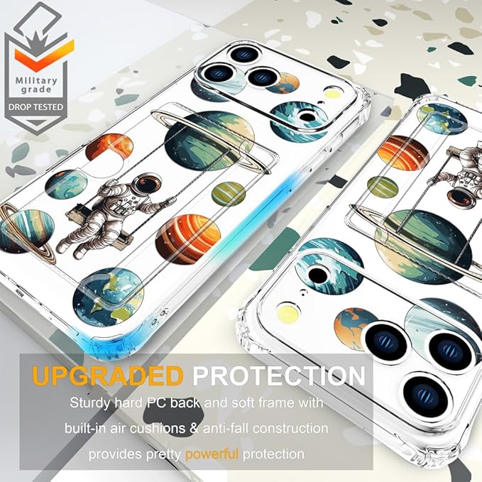 Compatible with iPhone 17 Pro Case Card Holder for Women Cute Design,Wallet Phone Cases Transparent Cool Kawaii Protective (Clear Astronaut Space Planets)