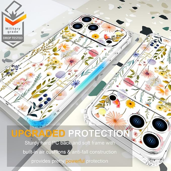 Compatible with iPhone 17 Pro Max Case Card Holder for Women Cute Design,Wallet Phone Cases Transparent Cool Kawaii Protective (Clear Watercolor Floral)