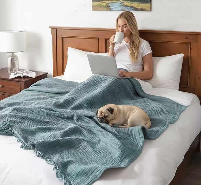 KyraHome 100% Cotton Throw Blankets for Couch, 60"x80" Plant-Dyed Breathable Lightweight Gauze Soft Muslin Throw Blankets for Adults, All Season (Slate Blue)