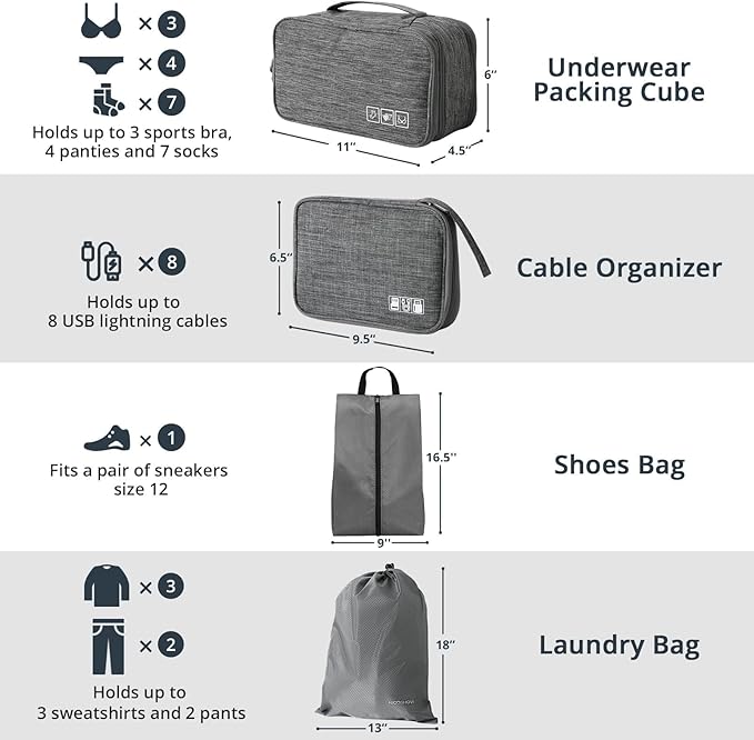 NICOSHOW 7 Set Compression Packing Cubes for Travel - Compressible, Lightweight, and Space-Saving Packing Cubes, Travel Essentials for Women, Grey