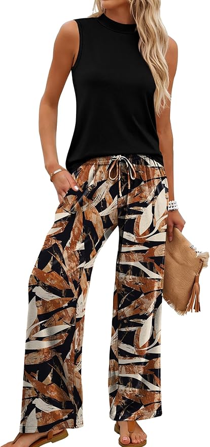 WIHOLL Two Piece Set for Women Summer Spring Outfits Cruise Travel Airport Beach Vacation Mock Neck Wide Leg Pants Set