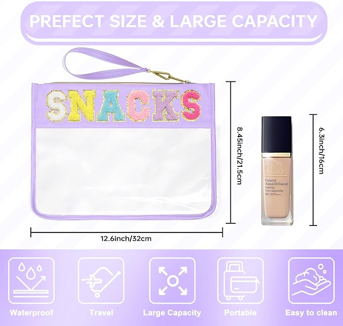 Siwara Snack Bags Clear Pouch Travel Makeup Bag Chenille Letter Bags for Zipper Pouch Clear Cosmetic Bag Clearly Tote Bag Makeup Travel Bags for Women