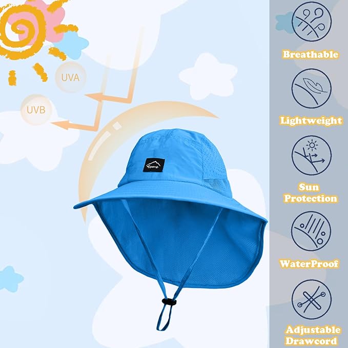 Outdoor Kids Sun Hat with Neck Flap UPF 50+ Quick Dry Beach Hats for Baby Boys Girls Age 2-12 Years Adjustable
