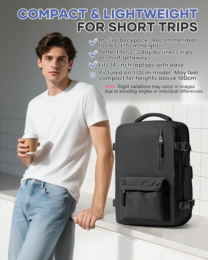 VECAVE Carry On Backpack for Women, Large Travel Backpack Flight Approved, Waterproof 14 Inch Laptop Backpack Business Work Backpacks Men Mochila De Viaje, Black