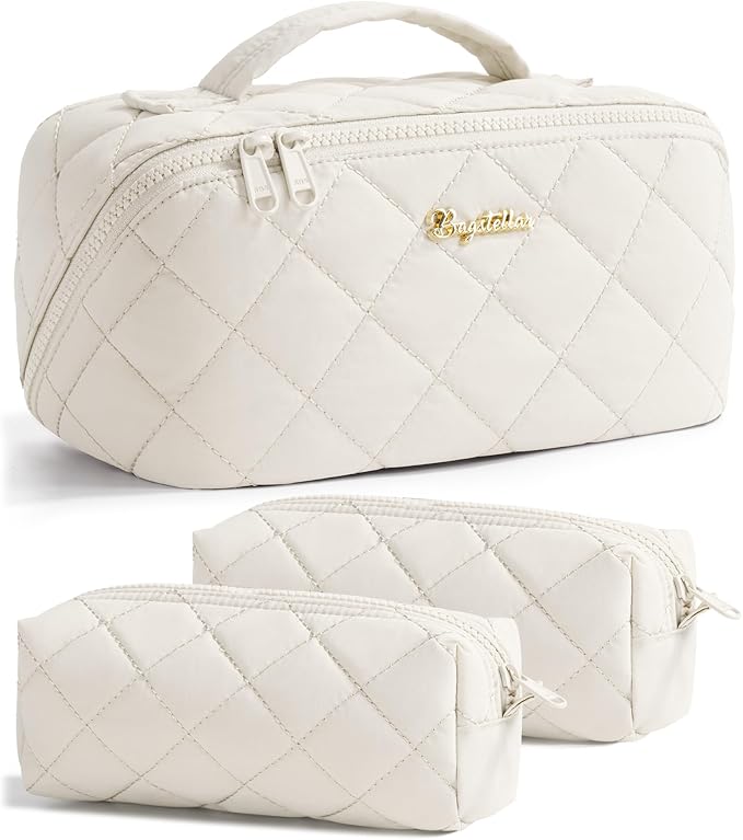 Travel Makeup Bag, 3 Pcs Large Capacity Puffy Toiletry Bag for Women, Open Flat Make up Cosmetic Organizer w/Handle & Clear Divider Water-resistant Portable Pouch Travel Essentials, L-Cream White
