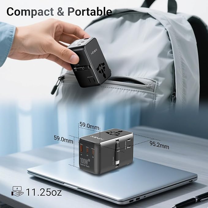 MINIX 100W Universal Travel Adapter with Retractable USB C Cable,GaN III International Power Adapter, Type-C*3 USB-A*1 Ports, AC Outlet, Worldwide Travel Charger for Laptops Tablets Phones Cameras