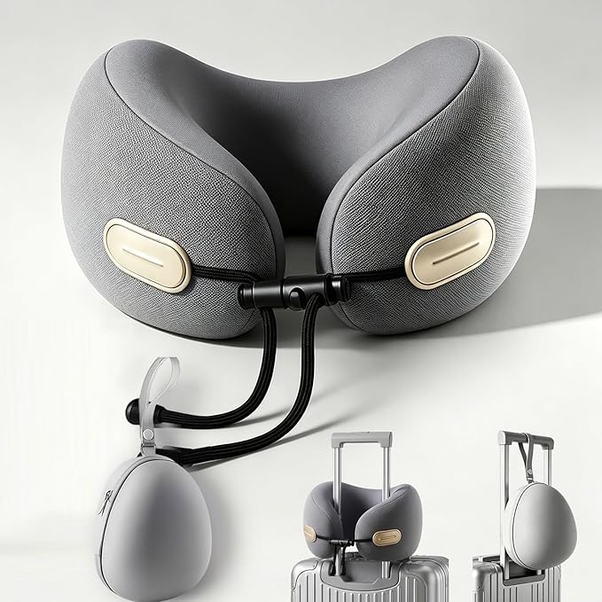 Travel Neck Pillow with Storage Case, 100% Pure Memory Foam, Airplane Head Support for Flight Sleeping, Portable, Gray